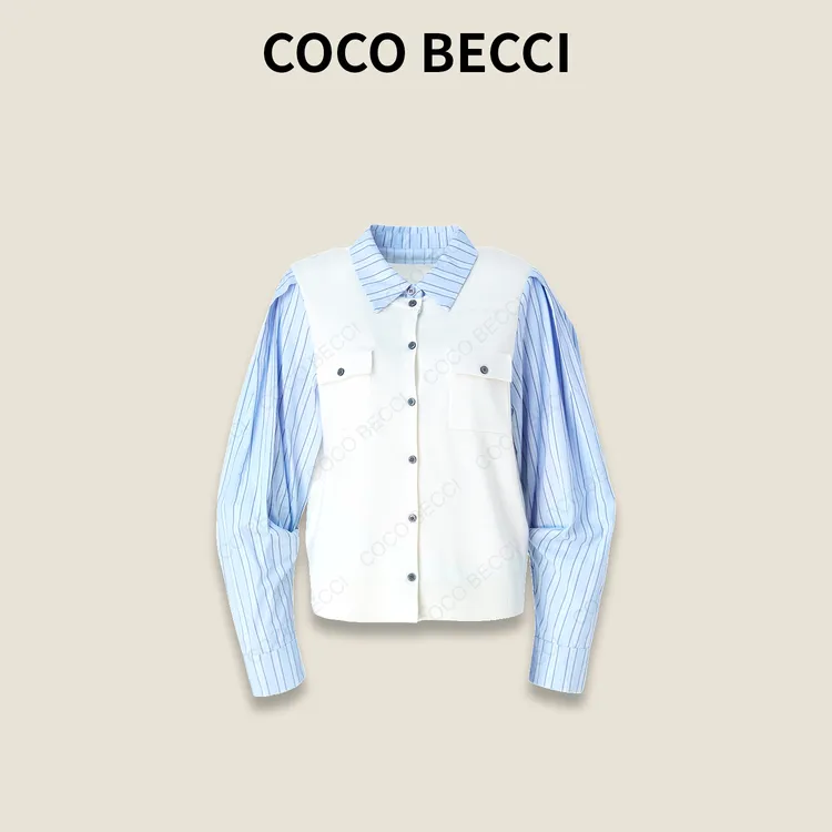COCO BECCI【减龄假两件】拼蓝色条纹针织衫YT25JS310004