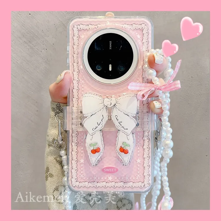 适用华为mate70pro+手机壳粉色樱桃mate60pro+白蝴蝶结背夹斜挎绳