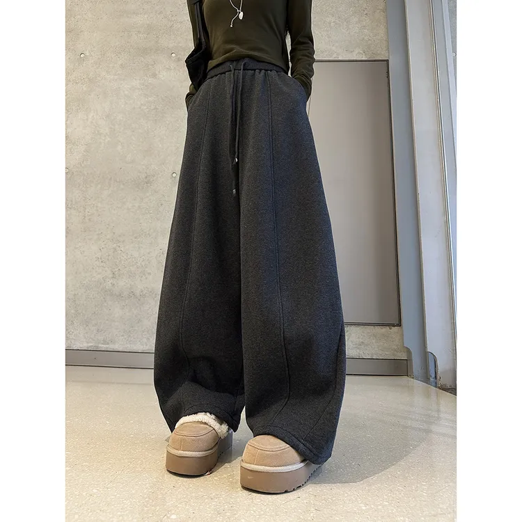 动感少女高级感加绒加厚休闲卫裤女2025秋冬新款阔腿弯刀运动裤子