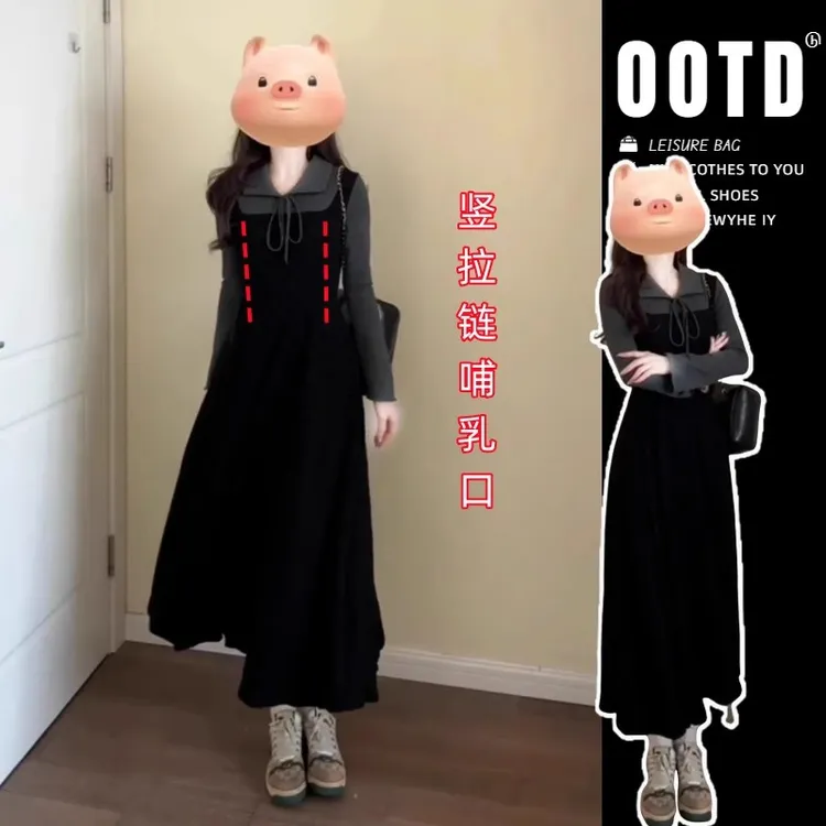 春秋季哺乳衣外出辣妈款产后穿喂奶衣服赫本风收腰显瘦哺乳连衣裙