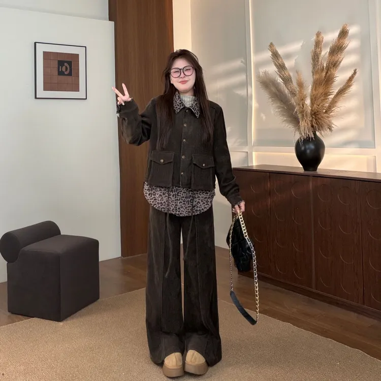 盈盈&南岛风大码女装气质拼接豹纹外套女秋季显瘦长裤套装ZYY2268