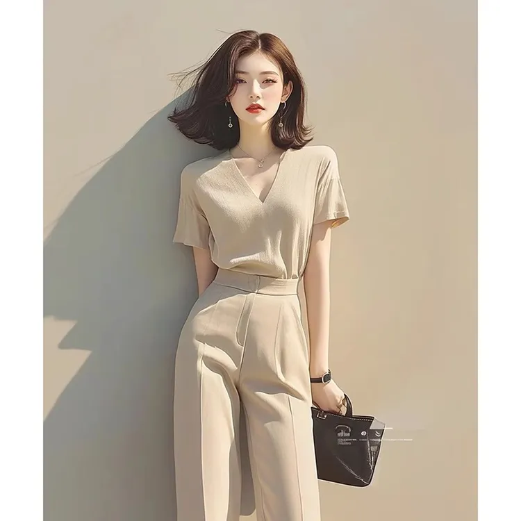 上班通勤穿搭时尚洋气高级感显瘦遮肉杏色T恤裤子两件套装女夏季