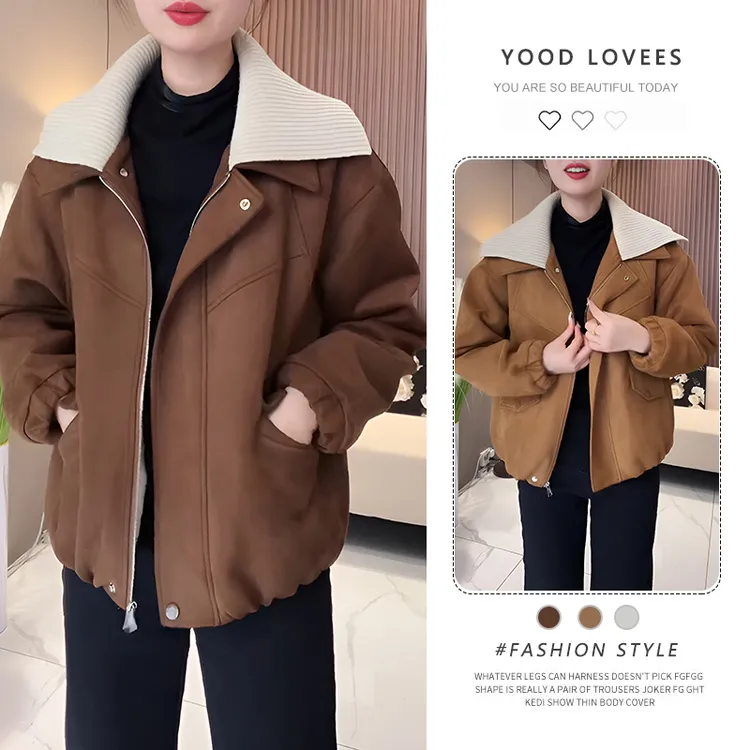 2025秋冬新款时尚休闲百搭拼色拼接加厚翻领拉链设计感夹克外套女