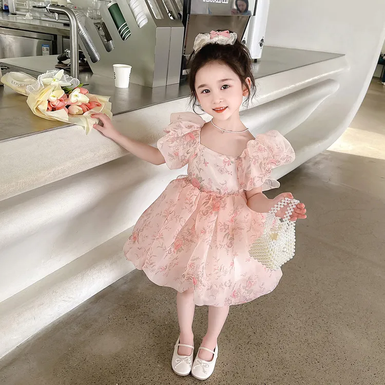 女童2025新款短袖夏季公主裙蝴蝶结雪纺甜美风泡泡袖蓬蓬裙中大童