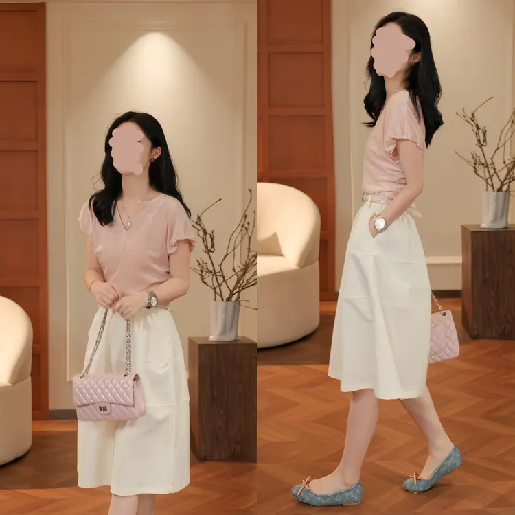 春游出行衣服套装女夏季粉色丝绒衬衫半身裙两件套千金清冷感贵系