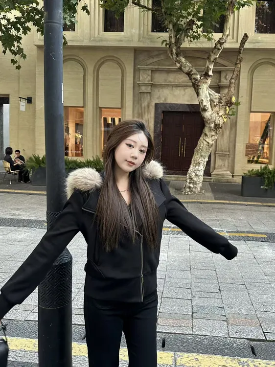 琪琪怪怪大码女装【古早系】连帽拼接毛领时尚百搭短外套T87906QD