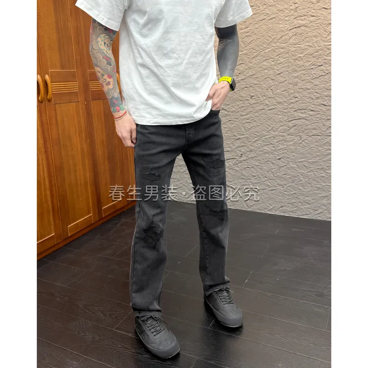 2025秋冬时尚休闲百搭净版假破洞合身小直筒男士牛仔裤3099