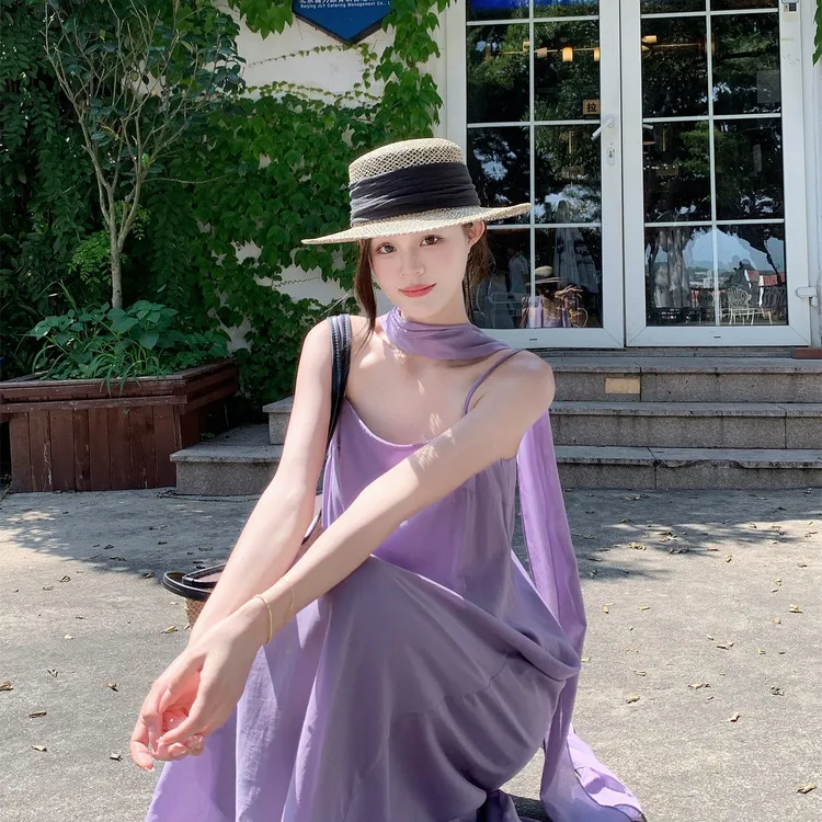 ~清冷典雅紫色仙气a字显瘦吊带连衣裙配飘带