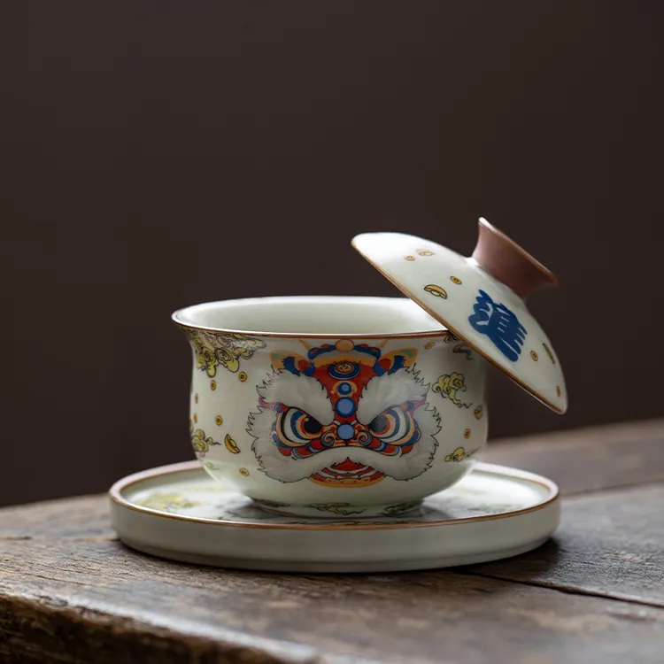 汝窑国潮醒狮布袋三才盖碗悬停旋转茶杯泡茶高档功夫陶瓷茶具 