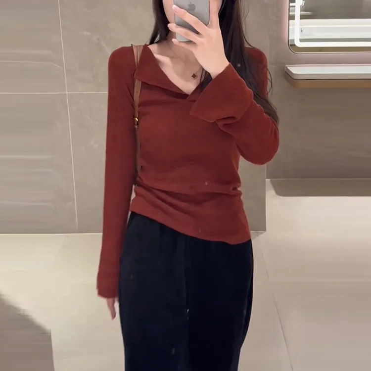 2025秋季新款V领修身显瘦软糯针织打底衫女气质时髦好看别致上衣