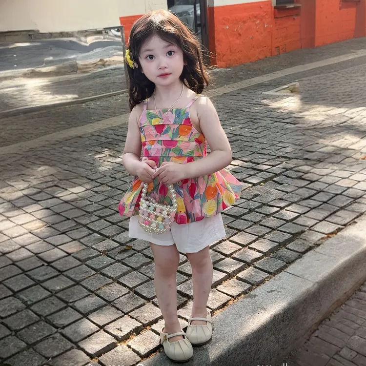 女童碎花吊带短裤套装2025新款夏季女宝花苞娃娃背心衫甜美风洋气