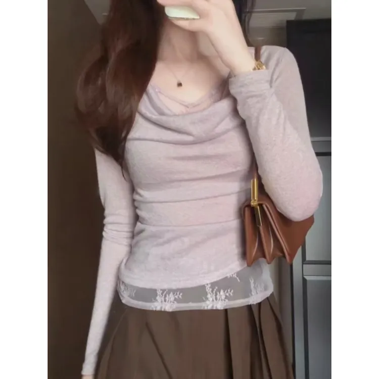 法式时尚蕾丝拼接弧形荡领打底衫女春秋设计感纯欲修身显瘦上衣潮