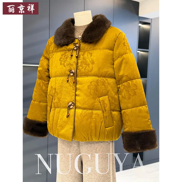 新中式妈妈装冬季短款翻领棉衣新款中老年女加绒加厚国风印花棉服