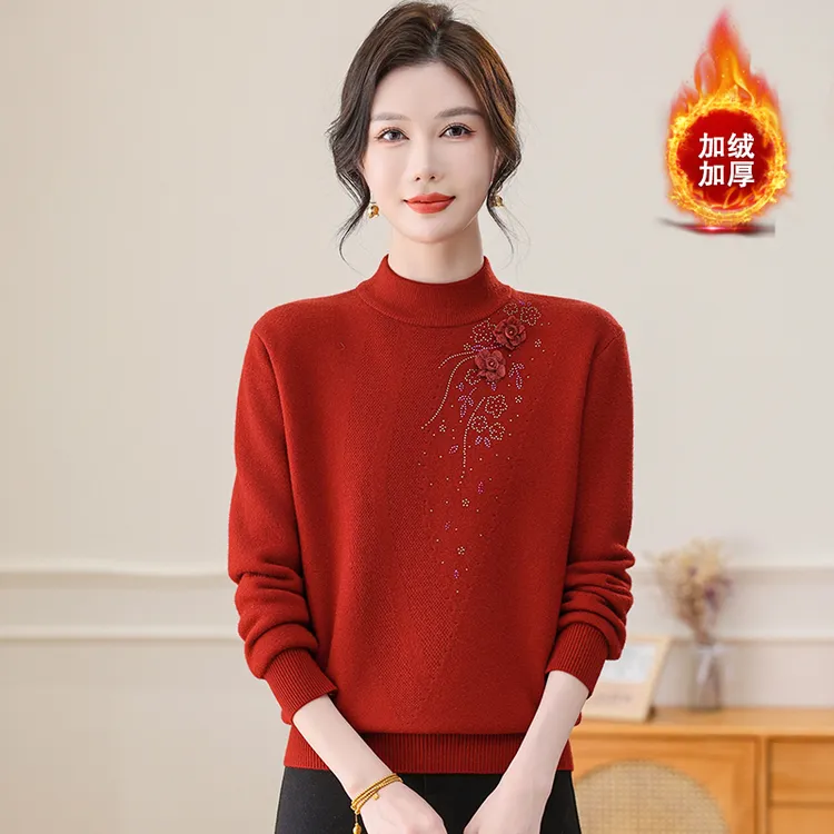 妈妈装秋冬季针织衫休闲时尚加绒加厚毛衣婆婆穿喜庆丝滑保暖打底
