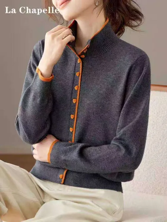 时尚撞色纽扣针织开衫打底衫女洋气大码女装上衣秋冬毛衣30331