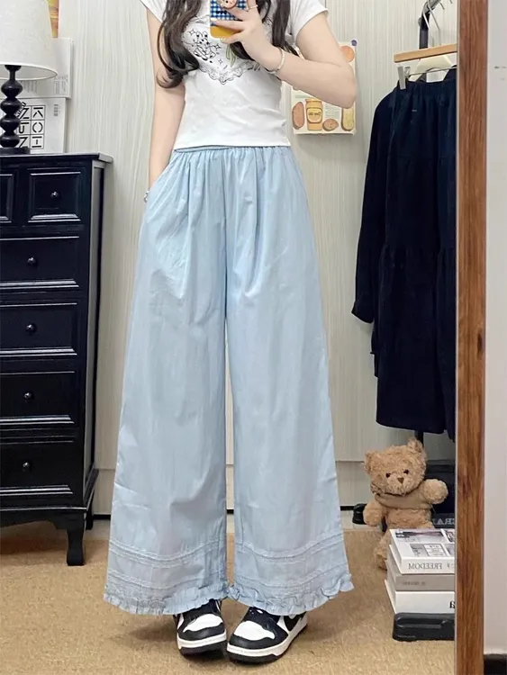 九分阔腿裤女2025夏季新款薄款蕾丝花边设计感高腰宽松休闲直筒裤
