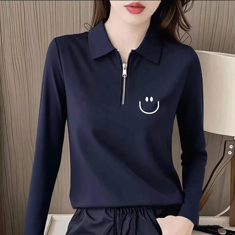 100%纯棉秋季新款POLO衫长袖T恤女时尚休闲简约翻领显瘦长袖上衣