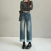 秋季高腰翻边弹力直筒牛仔裤女大码修身显瘦百搭八九分裤小个子
