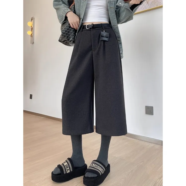 灰色八分毛呢阔腿休闲裤女秋冬2025新款小个子宽松直筒中裤