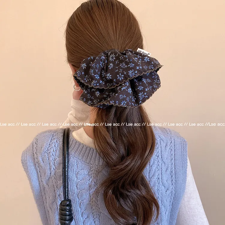 高级复古咖蓝色碎花大肠发圈发量多丸子头发绳韩国新款马尾扎头绳