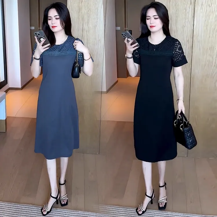 休闲短袖连衣裙女2025夏季新款洋气缕空显瘦中长款减龄T恤裙子潮