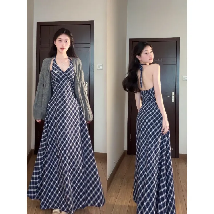 MARIE.COCO慵懒风气质时尚针织开衫蓝色格子挂脖吊带连衣裙子套装