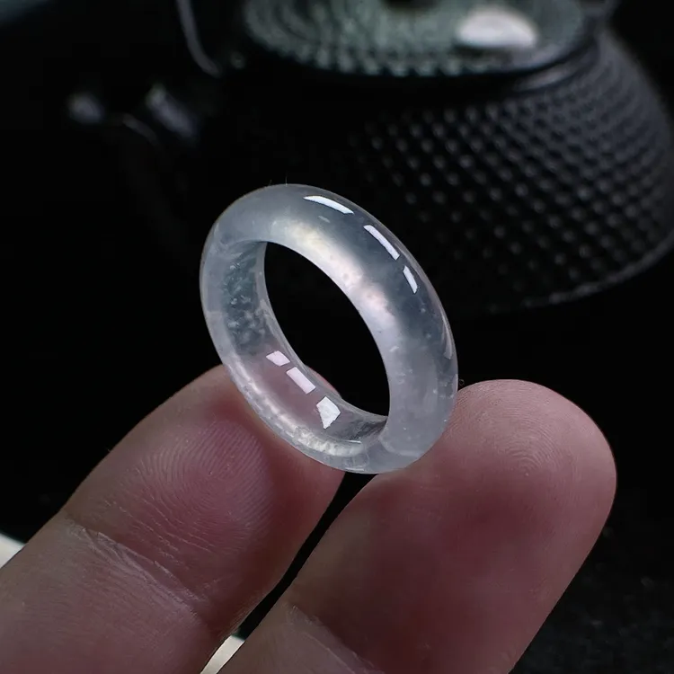 天然缅甸a货翡翠冰白月光戒圈起钢透亮木那雪花棉戒指圈口14号