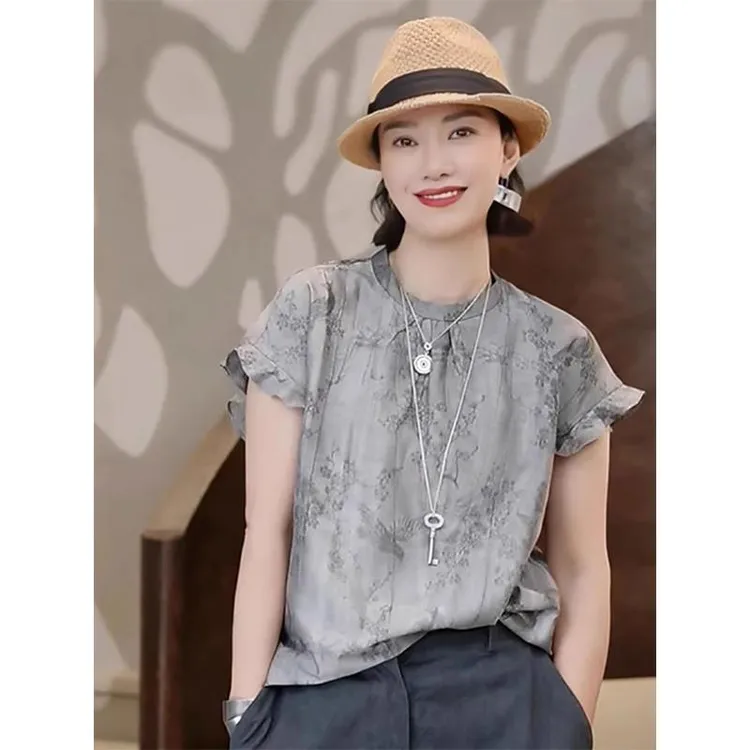 GiftPalm夏季新中式轻国风法式绝美显瘦遮肉灰色碎花上衣短袖衬衫