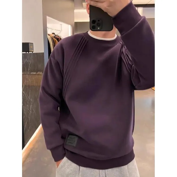 春秋季简约拼接休闲卫衣男2025新款线条设计感百搭圆领打底衫长袖