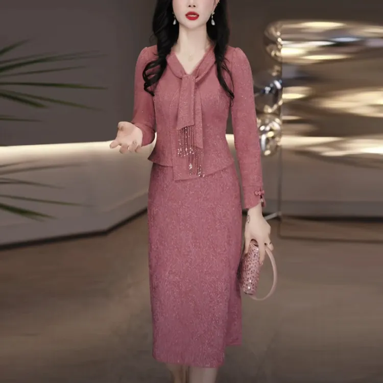 木雅精纺洋气衣服女2025秋季新款时尚名媛长袖假两件包臀连衣裙子