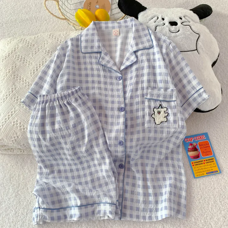 蓝格小狗夏季新款睡衣女云朵棉短袖短裤甜美卡通可爱开衫家居服