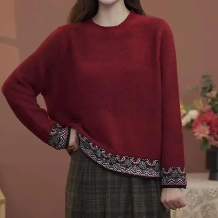 2025秋冬新款文艺复古撞色提花棉线针织衫女圆领套头宽松休闲毛衣