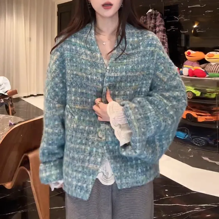 2025秋季新款圆领纯色长袖外套女时尚减龄气质显瘦设计感百搭衣服