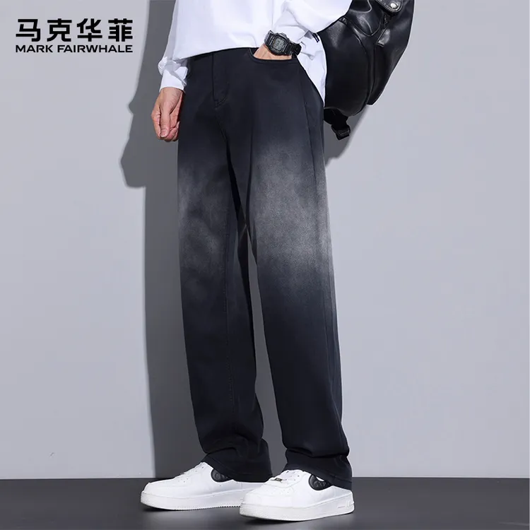 马克华菲莱赛尔天丝休闲裤男士2025秋季新款宽松直筒潮牌渐变裤子