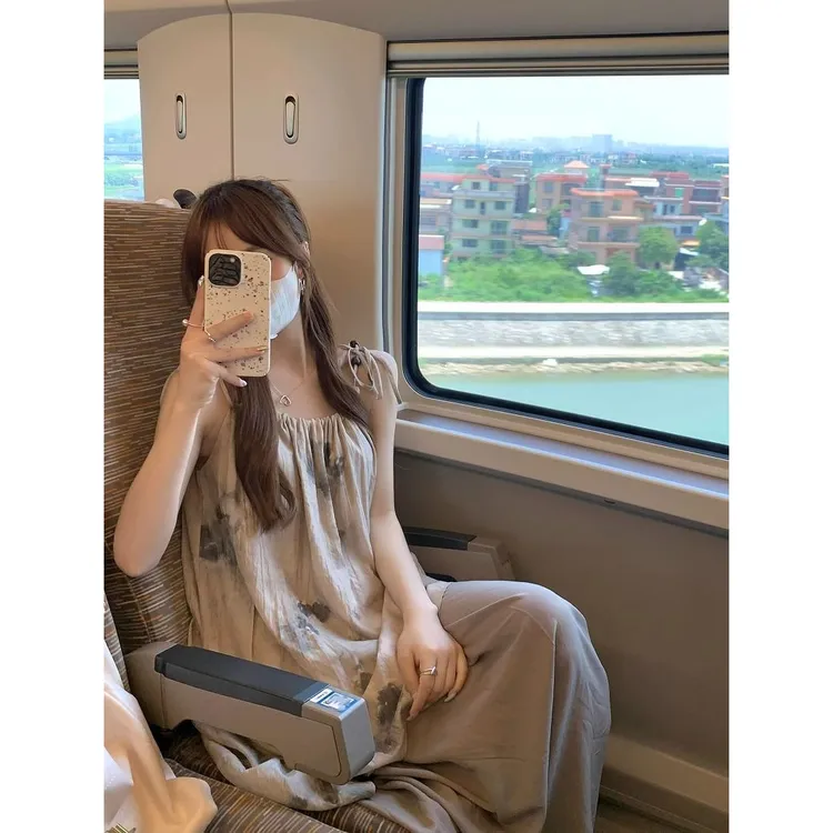 茶系扎染无袖系带中长连衣裙女装新款文艺复古风夏季旅游风