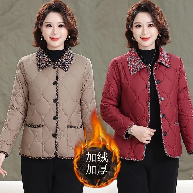 妈妈新款秋冬加绒小棉衣时尚中年女短款棉袄棉服中老年女冬装外套