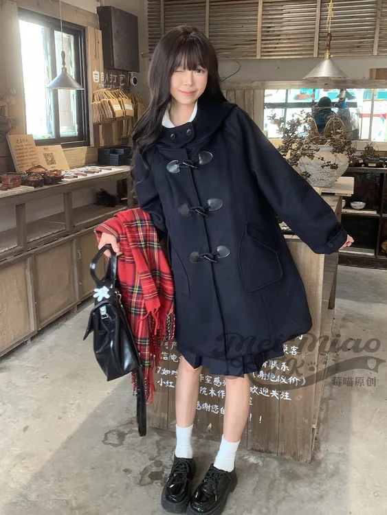 莓喵jk牛角扣大衣外套女毛呢长款呢子羊毛绒秋冬加厚女款2025新款