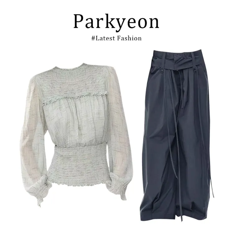 parkyeon法式别致少女风轻奢雪纱上衣时尚黑色系带休闲裤早秋套装