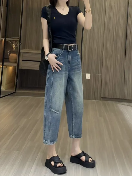 八分哈伦牛仔裤女2025新款高腰显瘦大码胖mm小个子夏季薄款阔腿裤