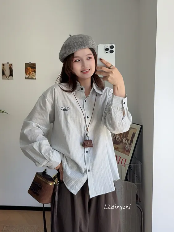 运费补贴小个子秋季韩系复古文艺通勤简约翻领显瘦百搭宽松衬衫女