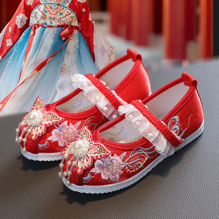 春秋新款女童古风古装绣花鞋中国风布鞋唐装汉服鞋小学生演出童鞋