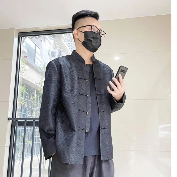 秋冬唐装海浪纹内胆可拆卸白鸭绒马甲国潮锦缎盘扣男士外套穿搭