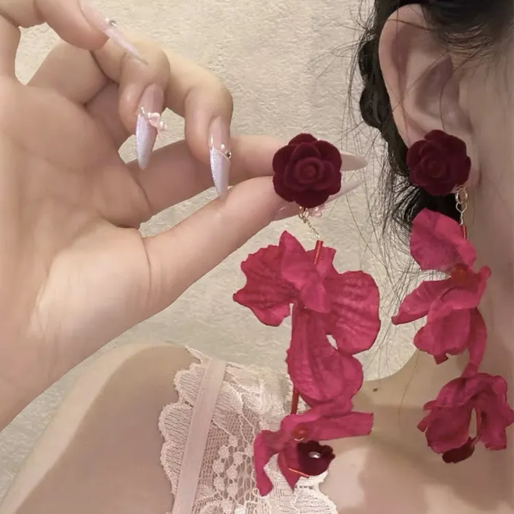 合金布艺耳饰 度假风耳饰甜美女彩色日韩气质植物红色浪漫耳钉