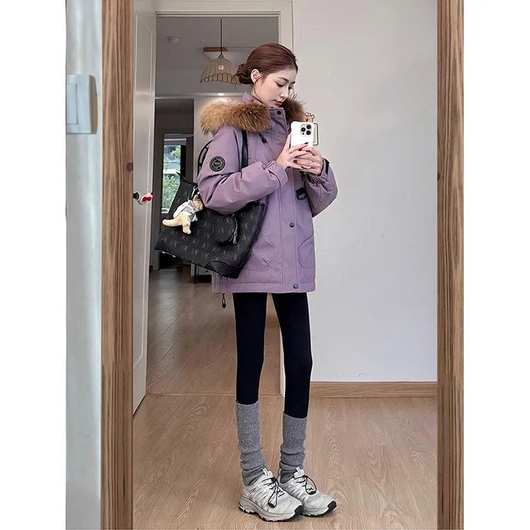 芙沿紫色大毛领羽绒棉服女2025冬季新款超好看百搭加厚保暖派克服