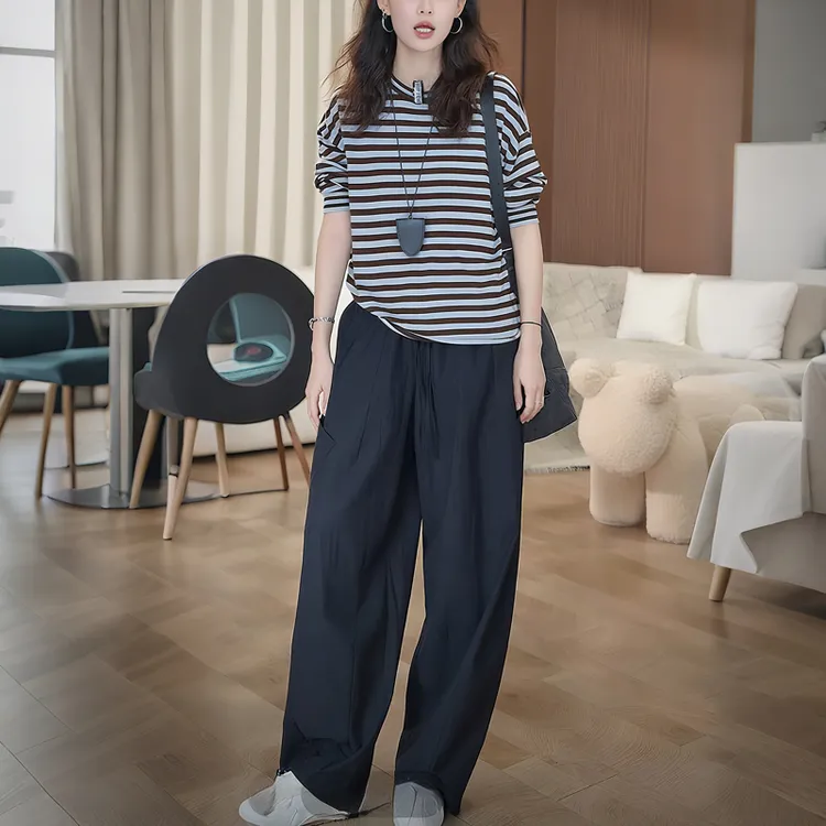 时尚减龄套装女秋季新款条纹长袖T恤宽松显瘦阔腿弯刀裤子两件套