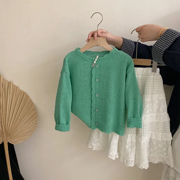 R25165童装儿童针织开衫花边领春秋季新款碎花连衣裙长袖套装甜美