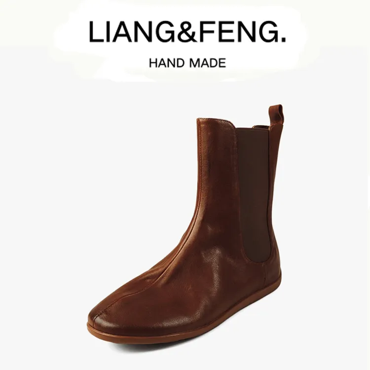 头层牛皮/冬季松紧带圆头切尔西靴烟筒靴英伦风低筒黑色短靴M155