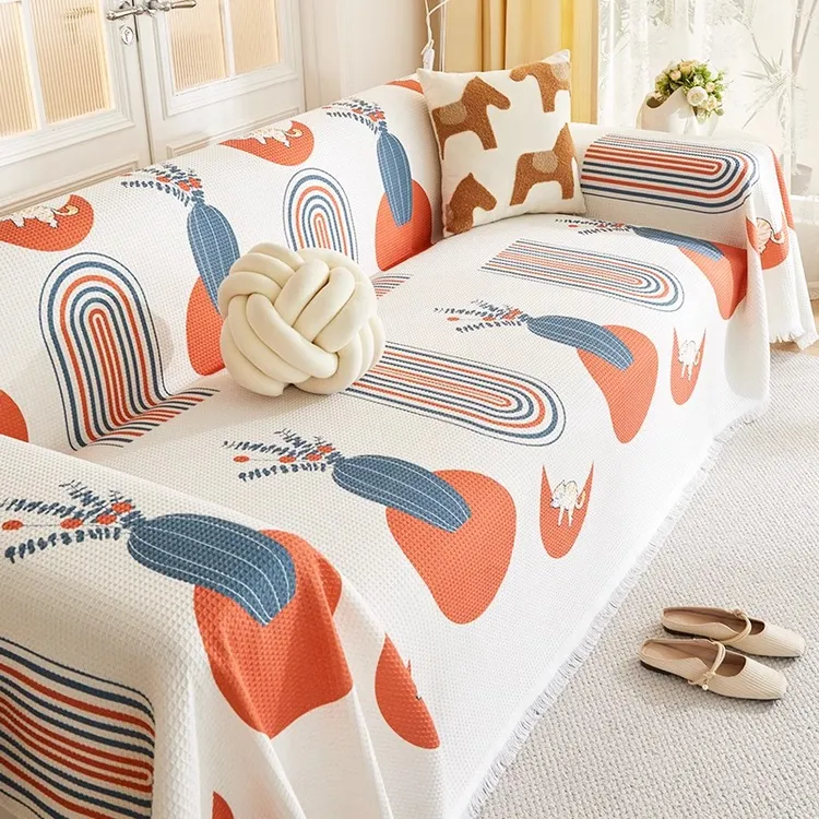 华夫格沙发盖巾四季通用出租屋熊猫沙发盖布全包防滑防尘罩一片式