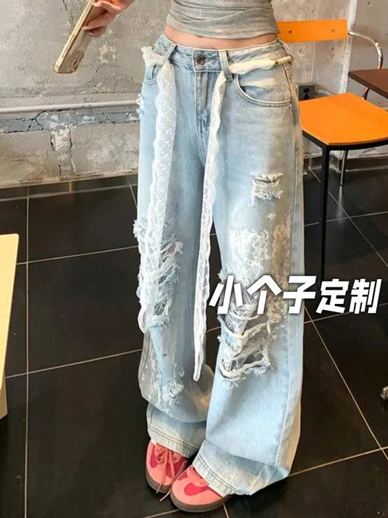 150小矮个子蕾丝拼接烫钻牛仔裤女秋复古重工高腰阔腿破洞拖地裤