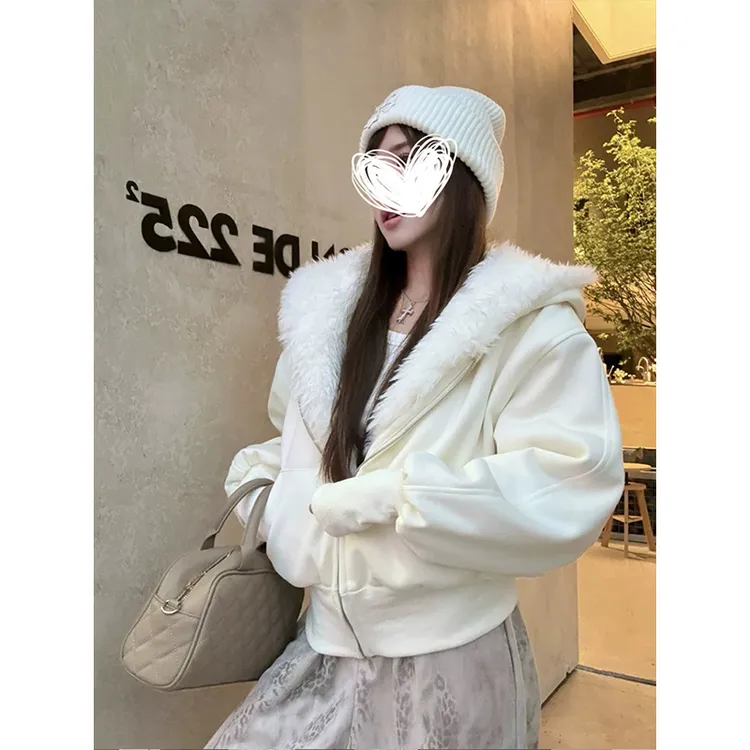 杏色毛领短款外套秋冬慵懒宽松加绒保暖卫衣